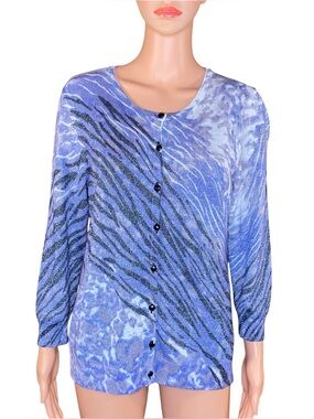 Joseph A Button Up Cardigan Sweater Zebra Print Metallic Lightweight Size XL